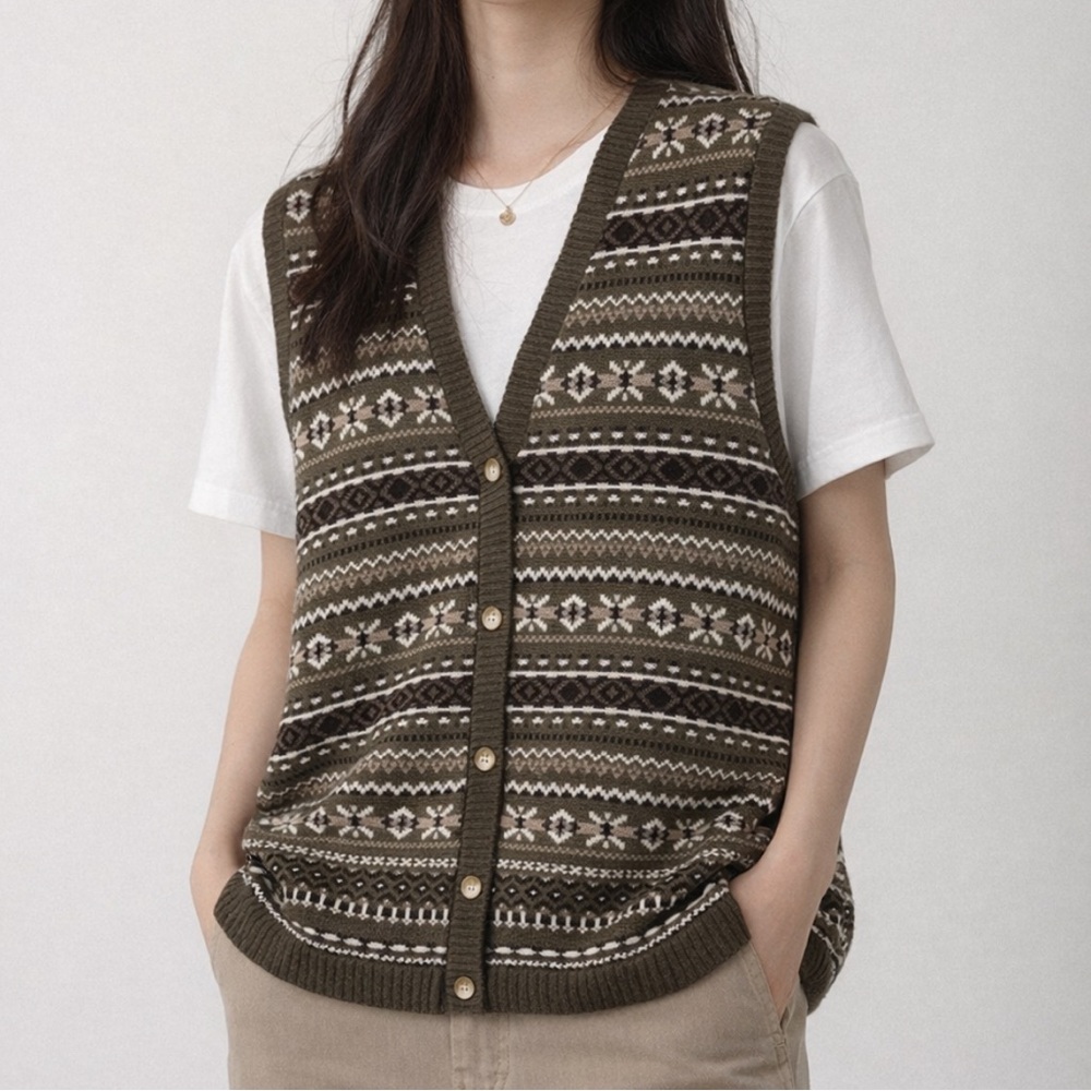 Vintage 90’s Granola Girl Cabincore Grannycore Brown Patterned Knit Sweater Vest